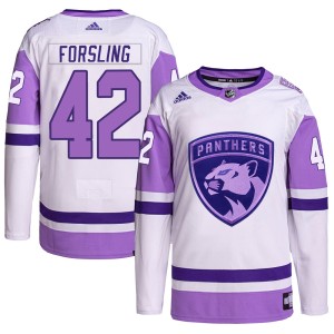 Men's Florida Panthers Gustav Forsling Adidas Authentic Hockey Fights Cancer Primegreen Jersey - White/Purple