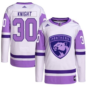 Men's Florida Panthers Spencer Knight Adidas Authentic Hockey Fights Cancer Primegreen Jersey - White/Purple