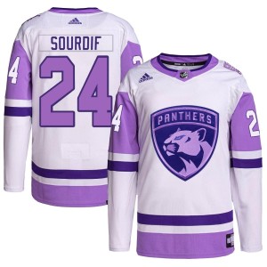 Men's Florida Panthers Justin Sourdif Adidas Authentic Hockey Fights Cancer Primegreen Jersey - White/Purple