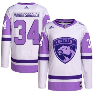 Men's Florida Panthers John Vanbiesbrouck Adidas Authentic Hockey Fights Cancer Primegreen Jersey - White/Purple