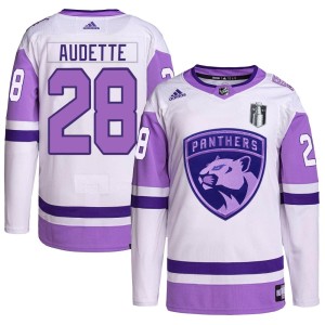 Youth Florida Panthers Donald Audette Adidas Authentic Hockey Fights Cancer Primegreen 2023 Stanley Cup Final Jersey - White/Pur