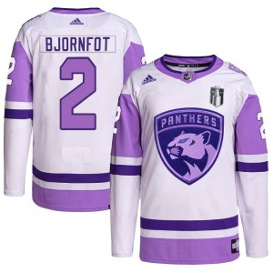 Youth Florida Panthers Tobias Bjornfot Adidas Authentic Hockey Fights Cancer Primegreen 2023 Stanley Cup Final Jersey - White/Pu