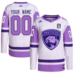Youth Florida Panthers Custom Adidas Authentic Hockey Fights Cancer Primegreen 2023 Stanley Cup Final Jersey - White/Purple