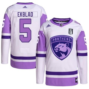 Youth Florida Panthers Aaron Ekblad Adidas Authentic Hockey Fights Cancer Primegreen 2023 Stanley Cup Final Jersey - White/Purpl