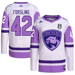 Youth Florida Panthers Gustav Forsling Adidas Authentic Hockey Fights Cancer Primegreen 2023 Stanley Cup Final Jersey - White/Pu