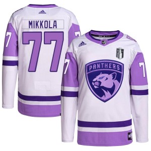 Youth Florida Panthers Niko Mikkola Adidas Authentic Hockey Fights Cancer Primegreen 2023 Stanley Cup Final Jersey - White/Purpl