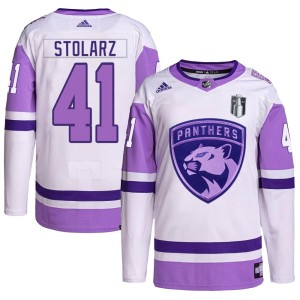 Youth Florida Panthers Anthony Stolarz Adidas Authentic Hockey Fights Cancer Primegreen 2023 Stanley Cup Final Jersey - White/Pu