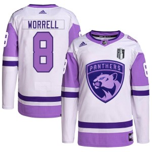 Youth Florida Panthers Peter Worrell Adidas Authentic Hockey Fights Cancer Primegreen 2023 Stanley Cup Final Jersey - White/Purp