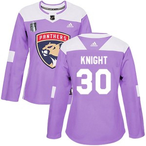 Women's Florida Panthers Spencer Knight Adidas Authentic Fights Cancer Practice 2023 Stanley Cup Final Jersey - Purple