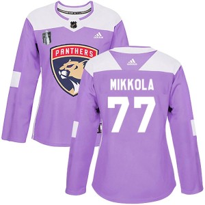 Women's Florida Panthers Niko Mikkola Adidas Authentic Fights Cancer Practice 2023 Stanley Cup Final Jersey - Purple