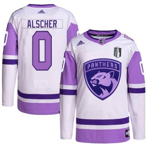 Men's Florida Panthers Marek Alscher Adidas Authentic Hockey Fights Cancer Primegreen 2023 Stanley Cup Final Jersey - White/Purp