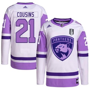 Men's Florida Panthers Nick Cousins Adidas Authentic Hockey Fights Cancer Primegreen 2023 Stanley Cup Final Jersey - White/Purpl