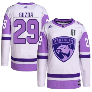 Men's Florida Panthers Mack Guzda Adidas Authentic Hockey Fights Cancer Primegreen 2023 Stanley Cup Final Jersey - White/Purple