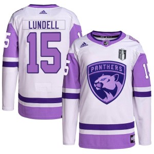 Men's Florida Panthers Anton Lundell Adidas Authentic Hockey Fights Cancer Primegreen 2023 Stanley Cup Final Jersey - White/Purp