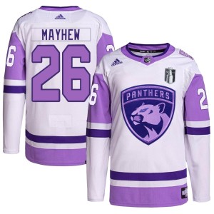 Men's Florida Panthers Gerry Mayhew Adidas Authentic Hockey Fights Cancer Primegreen 2023 Stanley Cup Final Jersey - White/Purpl