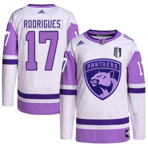 Men's Florida Panthers Evan Rodrigues Adidas Authentic Hockey Fights Cancer Primegreen 2023 Stanley Cup Final Jersey - White/Pur