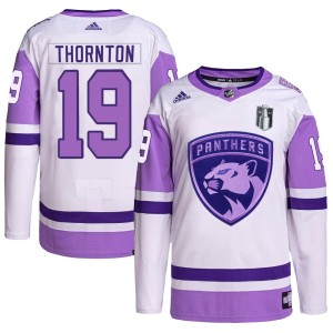 Men's Florida Panthers Joe Thornton Adidas Authentic Hockey Fights Cancer Primegreen 2023 Stanley Cup Final Jersey - White/Purpl
