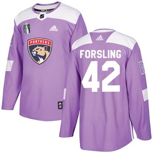 Men's Florida Panthers Gustav Forsling Adidas Authentic Fights Cancer Practice 2023 Stanley Cup Final Jersey - Purple