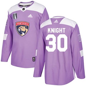 Men's Florida Panthers Spencer Knight Adidas Authentic Fights Cancer Practice 2023 Stanley Cup Final Jersey - Purple